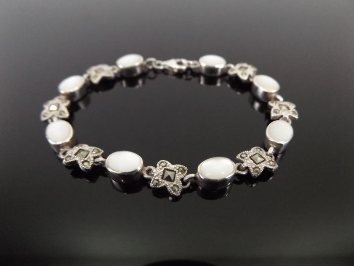 .925 Sterling Silver Art Nouveau Mother of Pearl Bracelet

