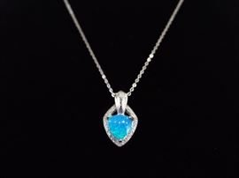 .925 Sterling Silver Opal Diamond Accented Pendant Necklace