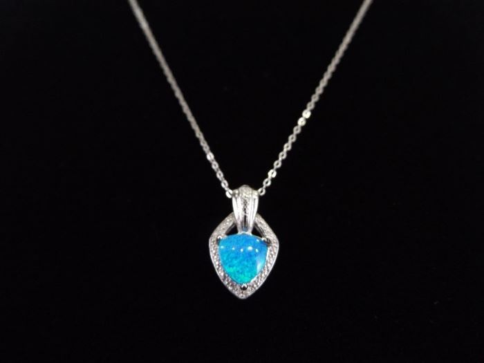 .925 Sterling Silver Opal Diamond Accented Pendant Necklace
