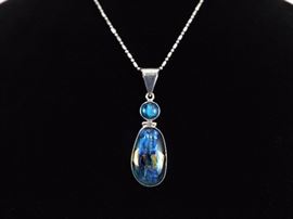 .925 Sterling Silver Blue Dichroic Art Glass Pendant Necklace