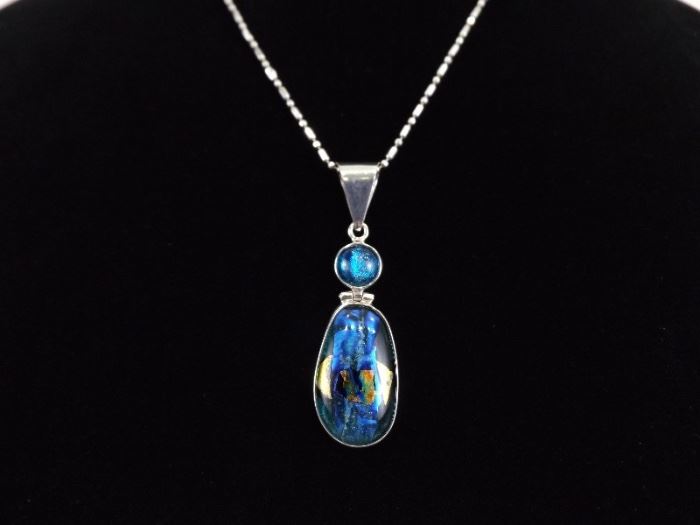 .925 Sterling Silver Blue Dichroic Art Glass Pendant Necklace
