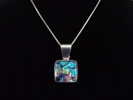 .925 Sterling Silver Blue Green Purple Dichroic Art Glass Pendant Necklace
