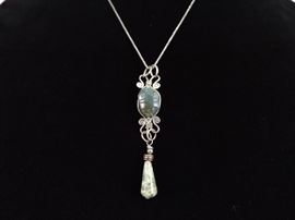 .925 Sterling Silver Carved Blue Jade Scarab Pendant Necklace