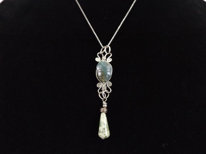 .925 Sterling Silver Carved Blue Jade Scarab Pendant Necklace
