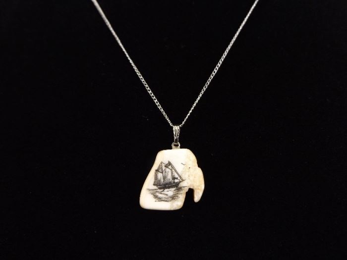 .925 Sterling Silver Carved Bone Scrimshaw Pendant Necklace
