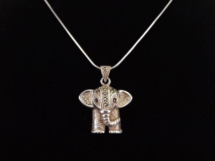 .925 Sterling Silver Art Nouveau Elephant Pendant Necklace
