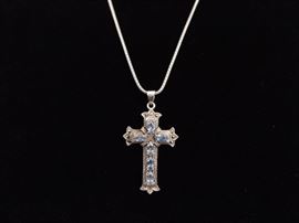 .925 Sterling Silver Art Nouveau Faceted Topaz Cross Pendant Necklace