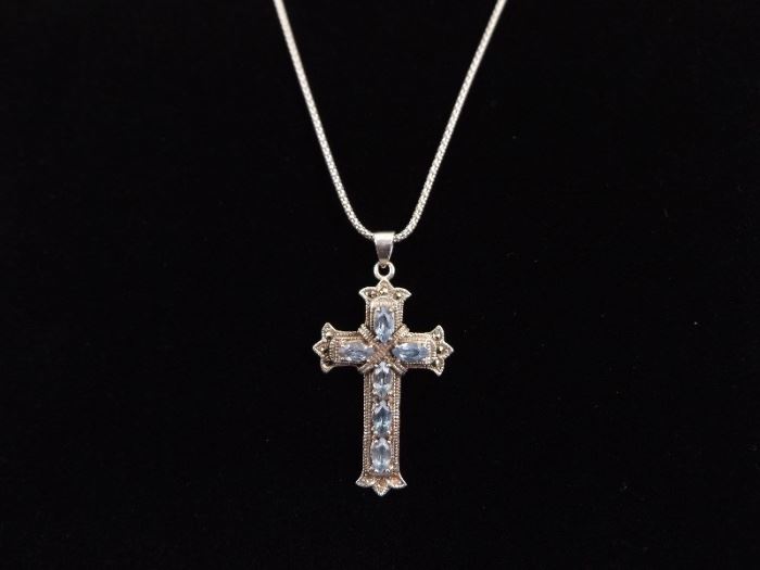 .925 Sterling Silver Art Nouveau Faceted Topaz Cross Pendant Necklace
