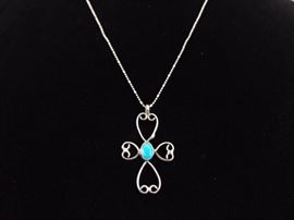 .925 Sterling Silver Turquoise Cabochon Cross Pendant Necklace