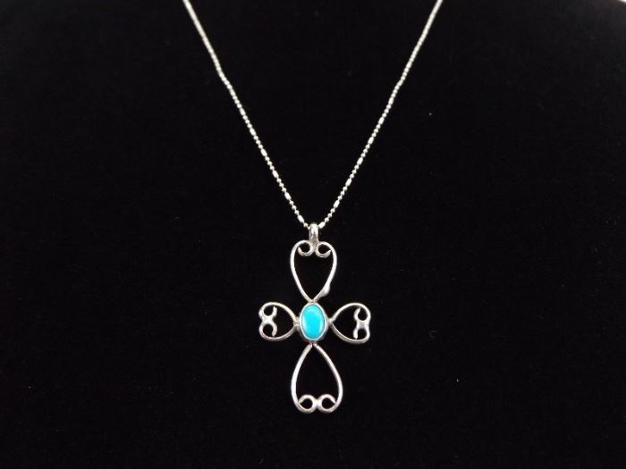 .925 Sterling Silver Turquoise Cabochon Cross Pendant Necklace
