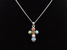 .925 Sterling Silver Multi Semi Precious Stone Cross Pendant Necklace