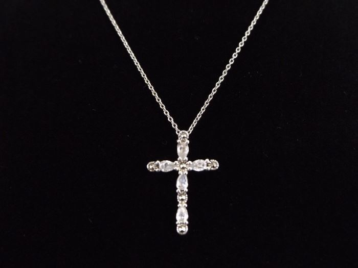 .925 Sterling Silver Judith Jack Faceted Crystal Cross Pendant Necklace
