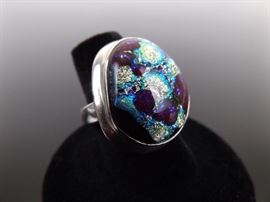 .925 Sterling Silver Purple Dichroic Art Glass Ring Size 7