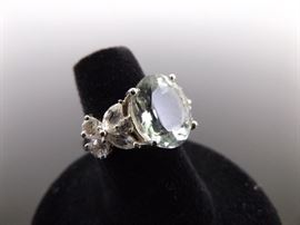 .925 Sterling Silver Crystal Accented Faceted Prasiolite Ring Size 6.25