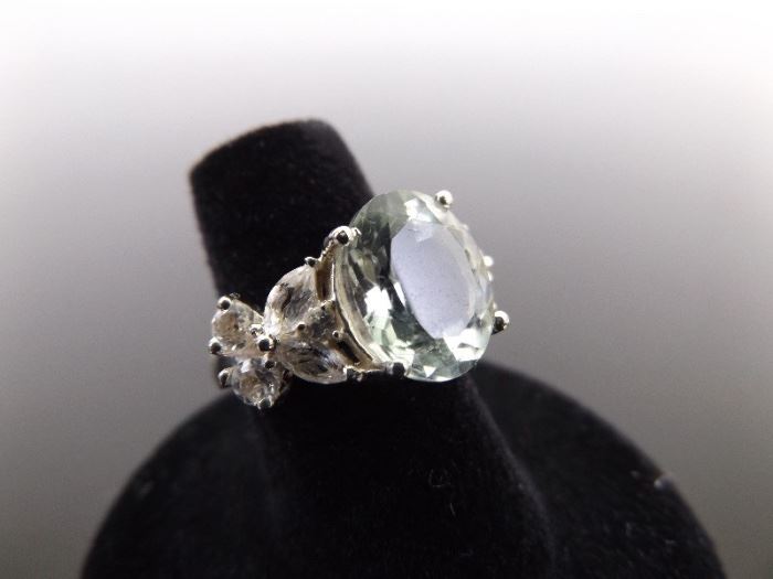 .925 Sterling Silver Crystal Accented Faceted Prasiolite Ring Size 6.25
