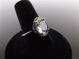 .925 Sterling Silver Diamond Accented Faceted Prasiolite Ring Size 9.25