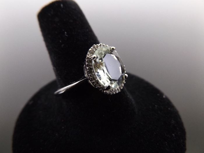 .925 Sterling Silver Diamond Accented Faceted Prasiolite Ring Size 9.25
