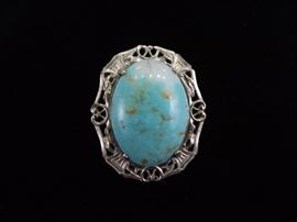Antique .925 Sterling Silver Larimar Cabochon Brooch