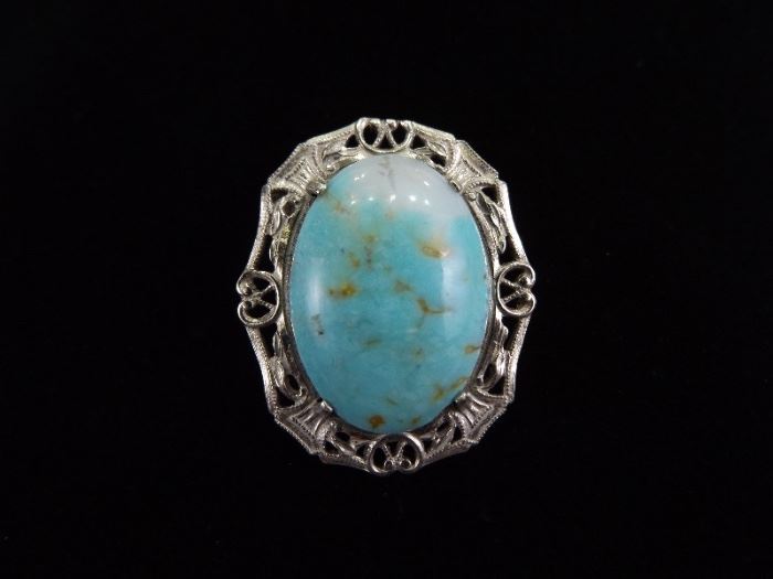 Antique .925 Sterling Silver Larimar Cabochon Brooch
