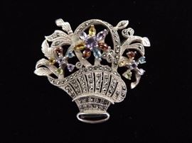 .925 Sterling Silver Art Nouveau Multi Color Faceted Crystal Flower Basket Brooch