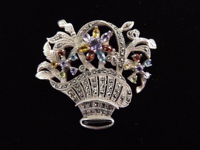 .925 Sterling Silver Art Nouveau Multi Color Faceted Crystal Flower Basket Brooch
