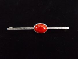 Antique .925 Sterling Silver Red Coral Cabochon Greek Key Brooch