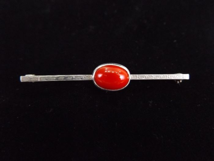 Antique .925 Sterling Silver Red Coral Cabochon Greek Key Brooch
