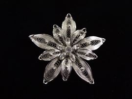 .925 Sterling Silver Faceted Crystal Accented Filigree Flower Brooch