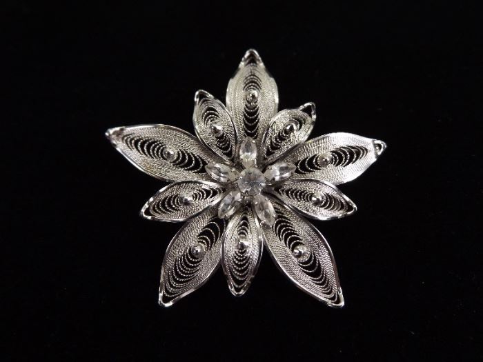 .925 Sterling Silver Faceted Crystal Accented Filigree Flower Brooch
