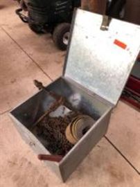 Galvanized Box and Assorted Chains with Hooks and Tie Downs  
