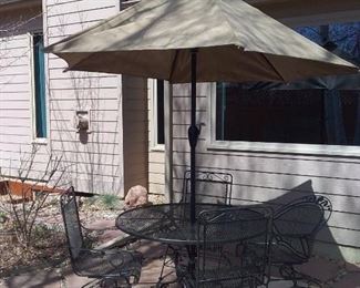 Wrought Iron Patio Set with Umbrella and Stand
