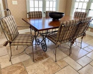 23. Plank Top Dining Table on Metal Base (40" x 66" x 30") 22. Metal Dining Chairs w/ Pads 2 Arm Chairs (18" x 27" x 40") 4 Side Chairs (20" x 21" x 34") 
