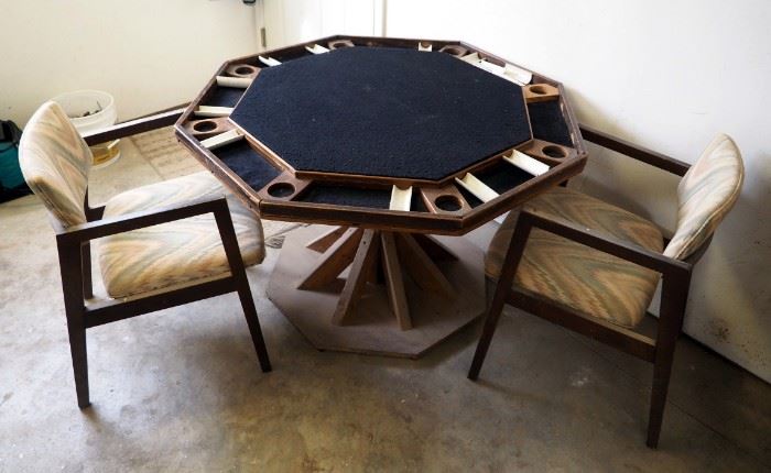 Custom Solid Wood Octagonal Game Table, 28" x 46" x 46" With 2 Upholstered Chairs