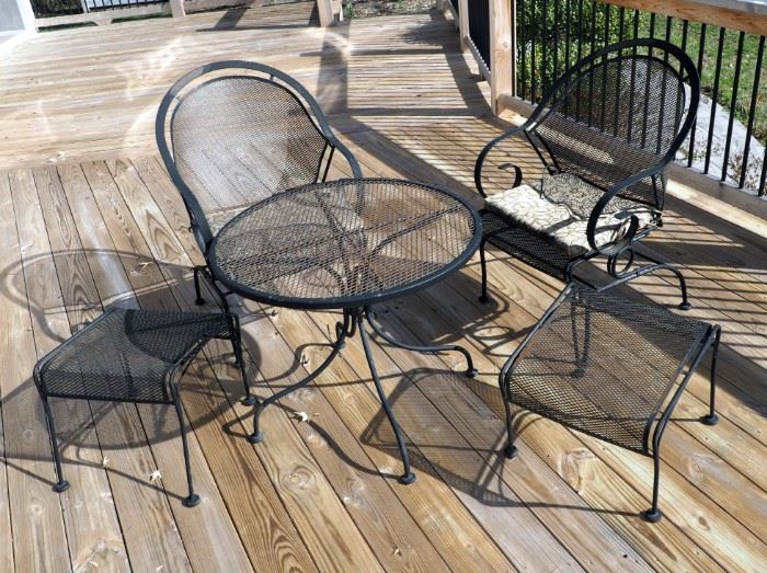 Steel Spring Loaded Patio Rocking Chairs With Matching Foot Stools, Qty 2, And Round Table, 25.5" x 30.5", 5 Total Pieces