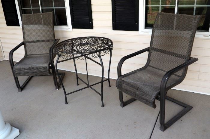 Nylon Mesh Metal Framed Patio Chairs, Qty 2 ANd Decorative Round Wire Welded Table, 28" x 27" Round