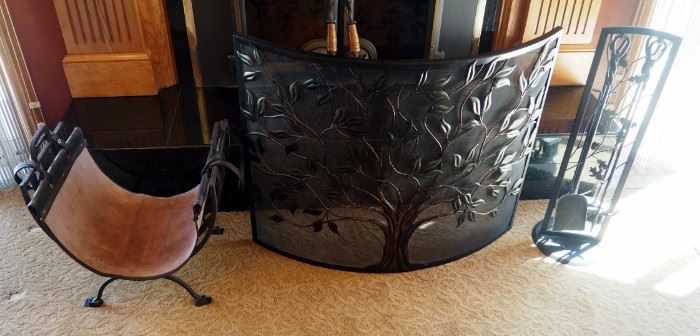 Curved Metal Fireplace Screen With Tree Motif , 30" x 40", Fireplace Tools And Firewood Holder