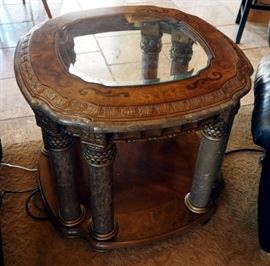 Large Formal End Table With Beveled Glass and Wood Inlay Top, 25" x 31" x 31