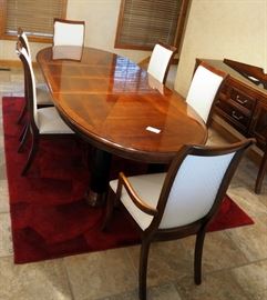 Stanley Oval Dining Room Table 29" x 109.5" x 46" With InLay Top And 6 Upholstered Matching Dining Chairs Includes 2 Captain Chair, Table Has 3 Leaves