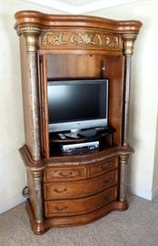 Large Formal Media Cabinet/Wardrobe With 3 Drawers 2 Felt Lined And 1 Cedar W/Beveled Glass and Wood Inlay Top,87" x 52" x 25"