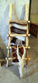 Native American Style Handmade Ladder With Woven Rugs And Faux Animal Skull