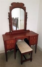 Antique Solid Wood Vanity With Tilting Mirror, 68" x 44" x 18" Matching Dressing Stool
