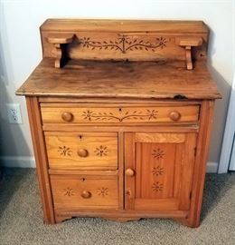 Antique Solid Wood Wash Stand With Carved Daisies, 34" x 30" x 16"
