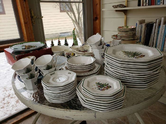 Several sets of dishes; glass top, outdoor table