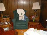 Recliner, end tables, lamps