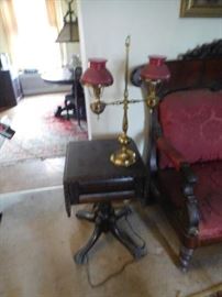 lamp table with drop leaf sides,red glass lamp