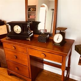 desk and mirror with vintage, scale and antique chime clock