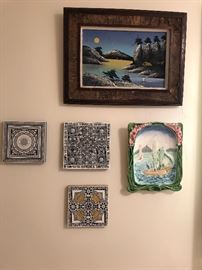 close up of framed and mounted tiles for sale