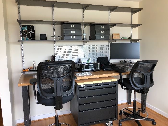 Fabulous Home Office, work space for two Geneva rolling drawers with butcher block top two bar height chairs, desk and wall mounted unit all for sale.  Desk surface is a Garrison work bench 96"l x 25d x adjustable height asking $340