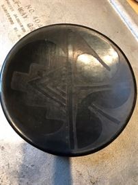 Rose Gonzales (San Ildefonso Pueblo) black on black pottery dish -- 5 3/8" diameter. Signed "Rose"