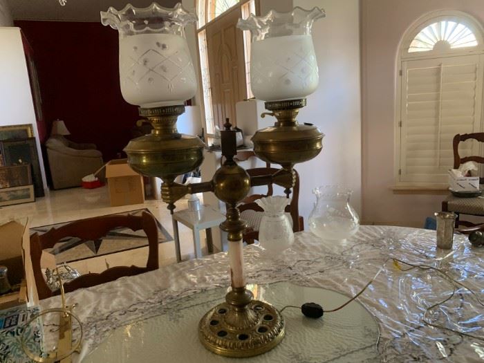 Antique Brass Double Banquet Lamp Figural Hands